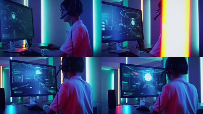 专业的东亚玩家在他的个人电脑上玩第一人称射击游戏在线视频游戏。屏幕上显示的游戏演练。复古拱廊风格的霓