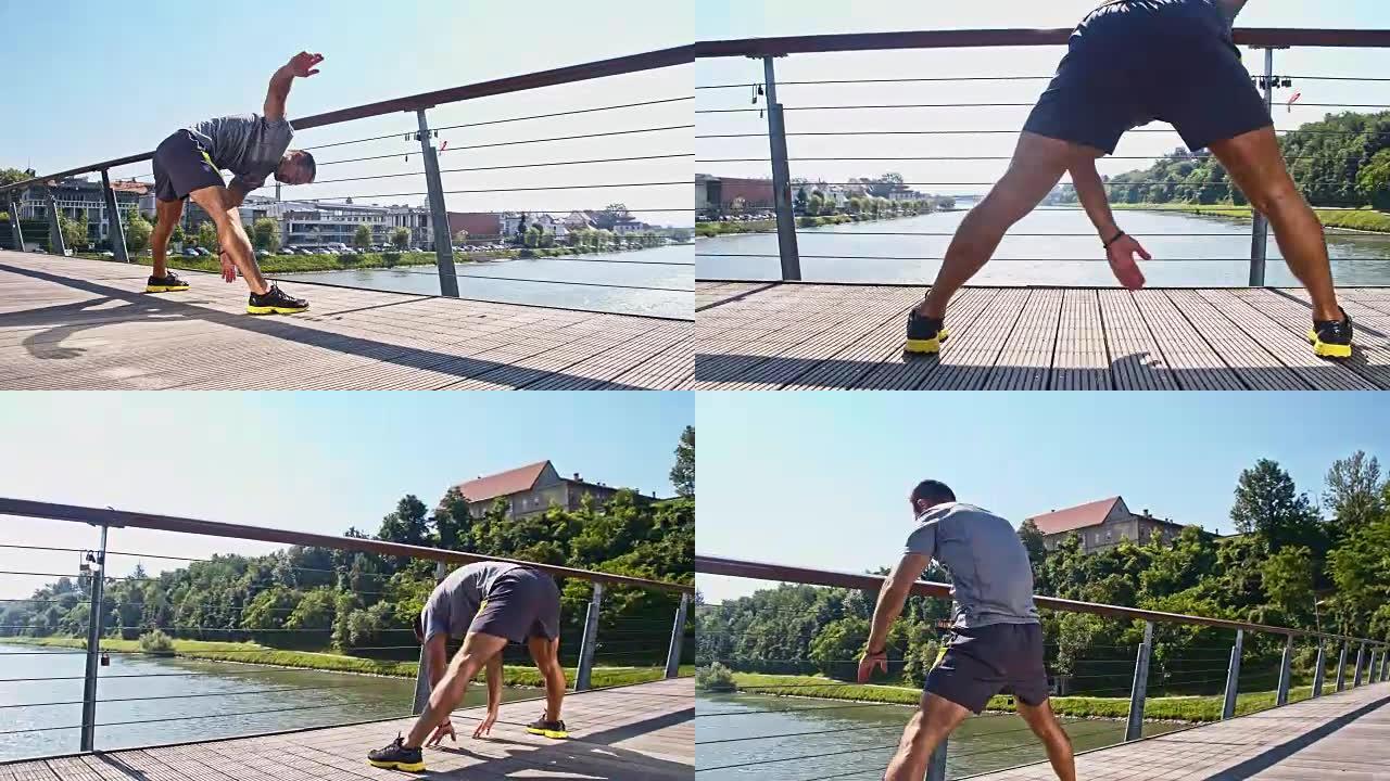慢跑者在桥上热身桥上热身运动健身奋斗拼搏