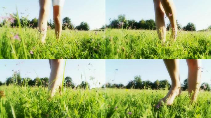 HD：女人的脚在草地上行走