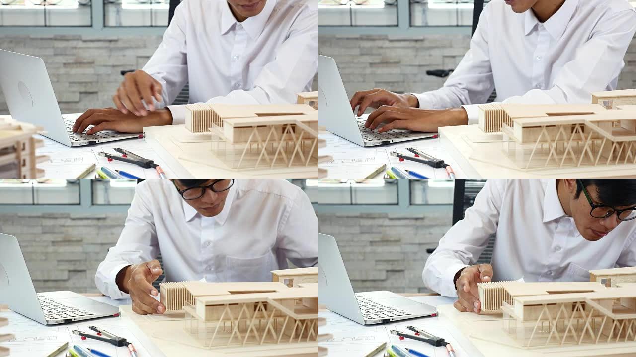 建筑师手工检查人工模型、设计规范的特写