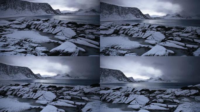 北极海岸冰雪覆盖极端恶劣环境无人空镜