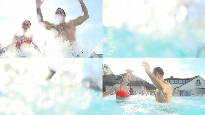 高清超级慢镜头：欢快的情侣在泳池里跳跃