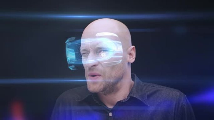 戴着虚拟现实眼镜的男人皱着眉头，闭上眼睛看着恶心的物体