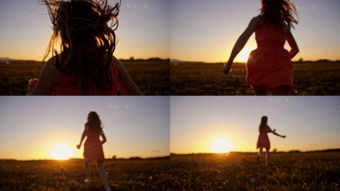日落时在草地上奔跑的SLO MO女孩