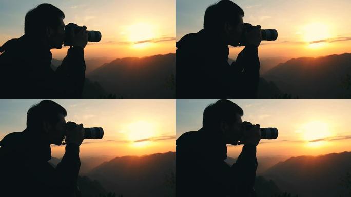 男子在山上旅行和摄影照片