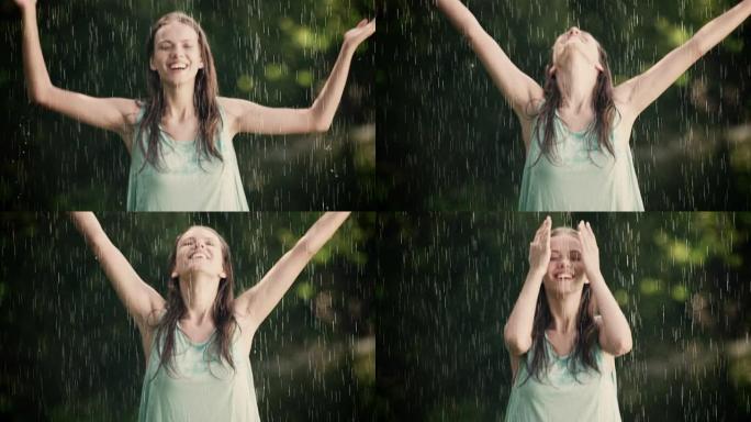女人享受夏雨外国女人下雨天淋雨淋雨快乐