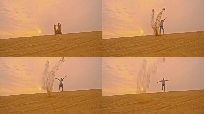 SLO MO Man向空中投掷沙子