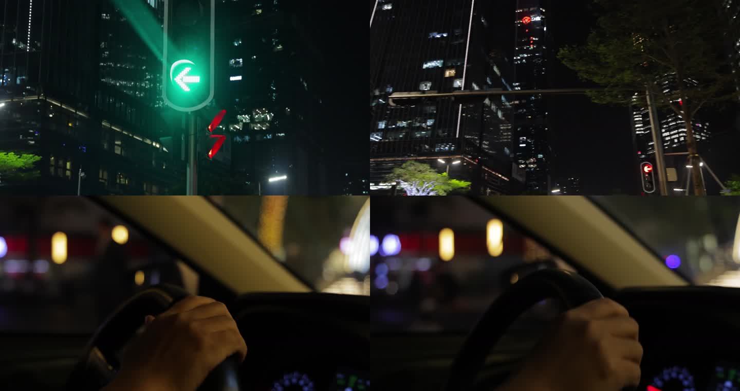 夜晚在城市开车左转_4K实拍