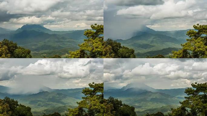 下雨前，降雨落在热带雨林的山上