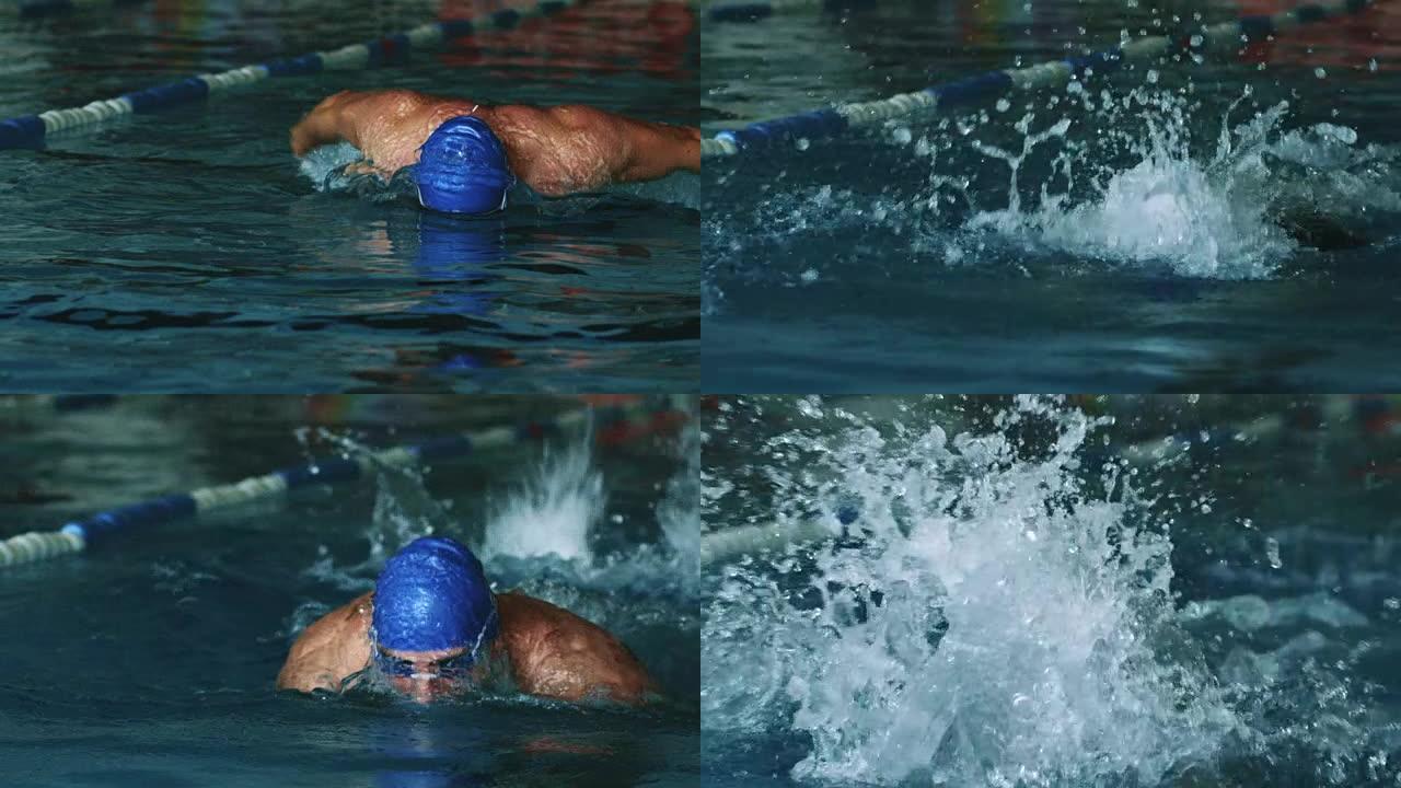 游泳运动员做蝶泳游泳特写游泳训练视频素材