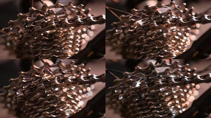 运动中自行车齿轮和链条的特写