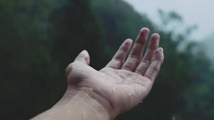 雨水下的人的手