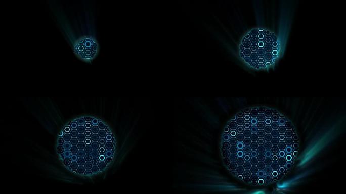 带光辉光效应运动的蓝色六边形粒子中心4k夹抽象六边形背景、技术和创新概念