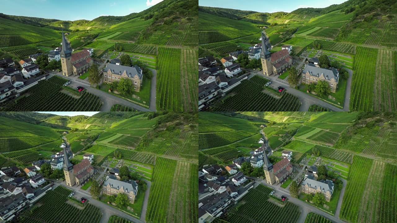 空中: 被葡萄园包围的田园诗般的村庄
