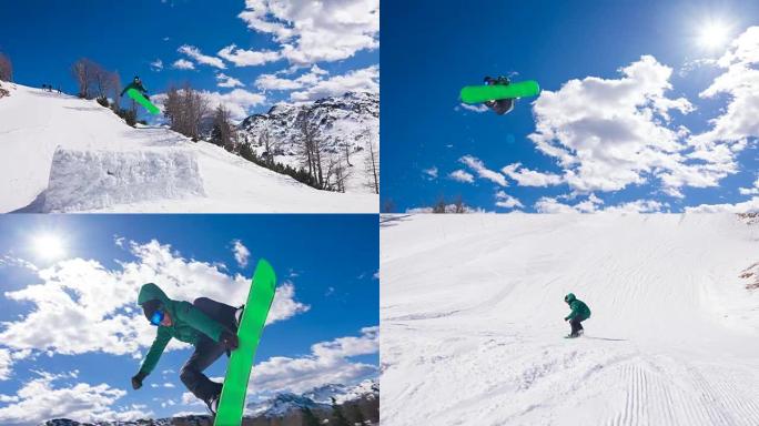 自由式滑雪者在雪地公园表演跳跃特技