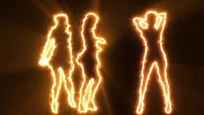 三个性感的女孩在橙色的轮廓跳舞