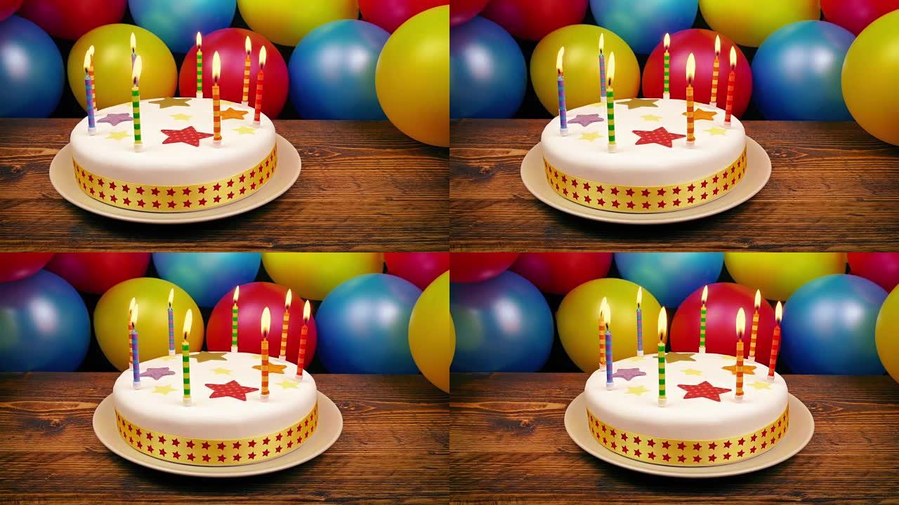 桌上点着蜡烛的生日蛋糕