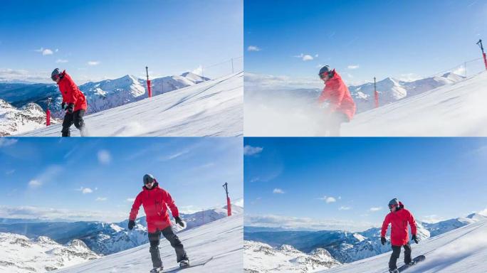 滑雪者在滑雪场上雕刻，将积雪喷入相机中，背景是山