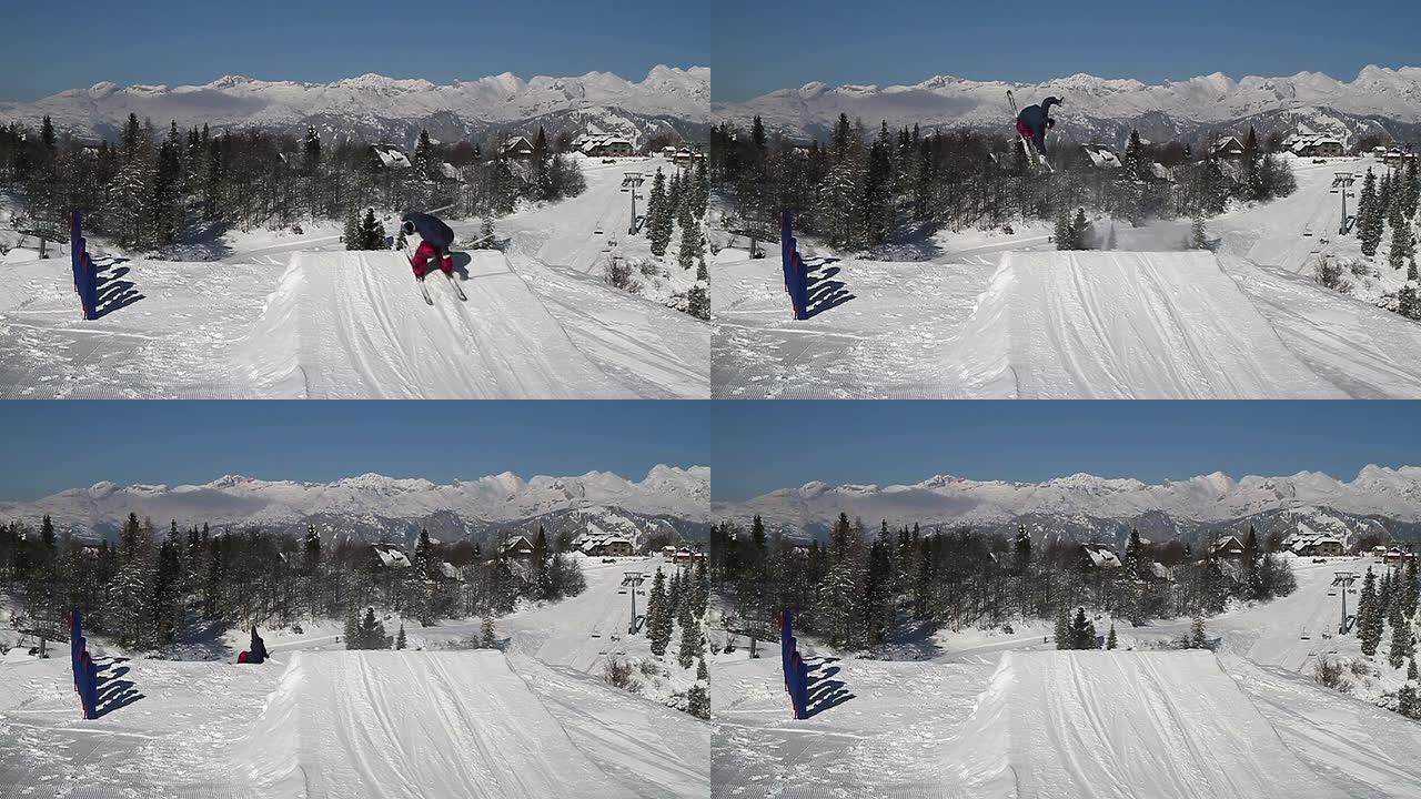 滑雪运动员在雪地公园里跳跃