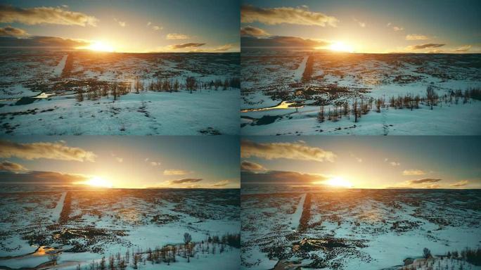 冰岛的鸟瞰图晨光雪日出