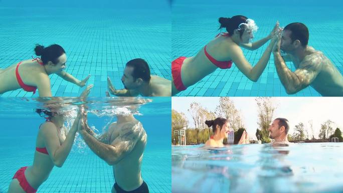高清超级慢镜头：泳池里的浪漫情侣