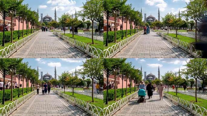 延时: 土耳其伊斯坦布尔老城广场的蓝色清真寺苏丹艾哈迈德·卡米 (Sultan Ahmet Cami