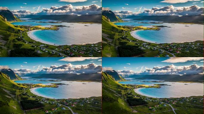 空中: 挪威罗弗敦群岛风景如画的峡湾和田园诗般的海滩