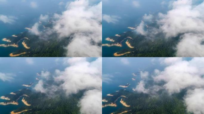 雾中岛屿的鸟瞰图水面余晖海上搜索滚滚云浪