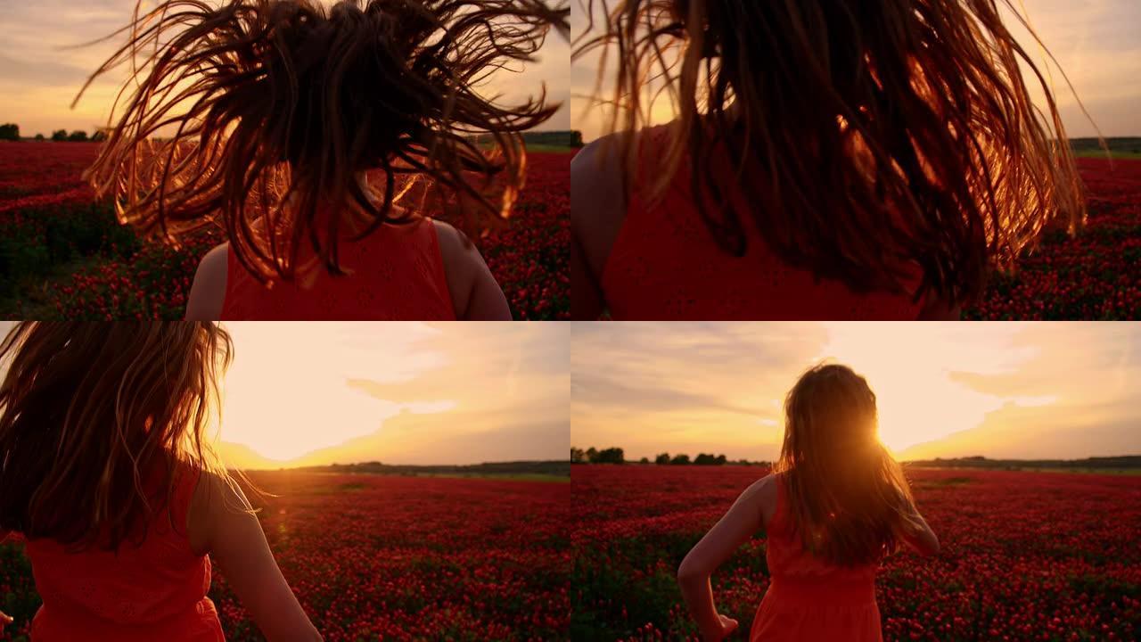 SLO MO快乐的女孩在日落中的花朵中奔跑