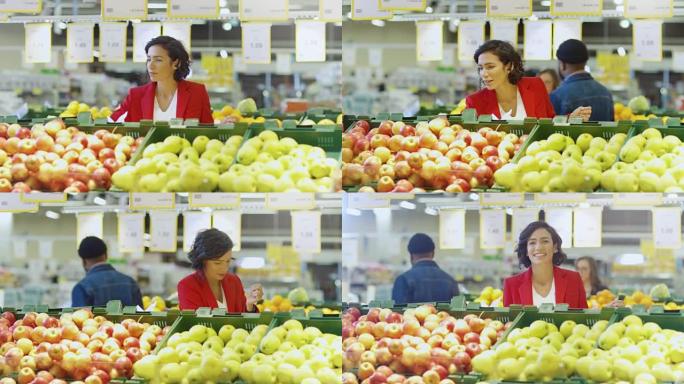 在超市: 美女在农贸市场的新鲜农产品区选择有机水果。