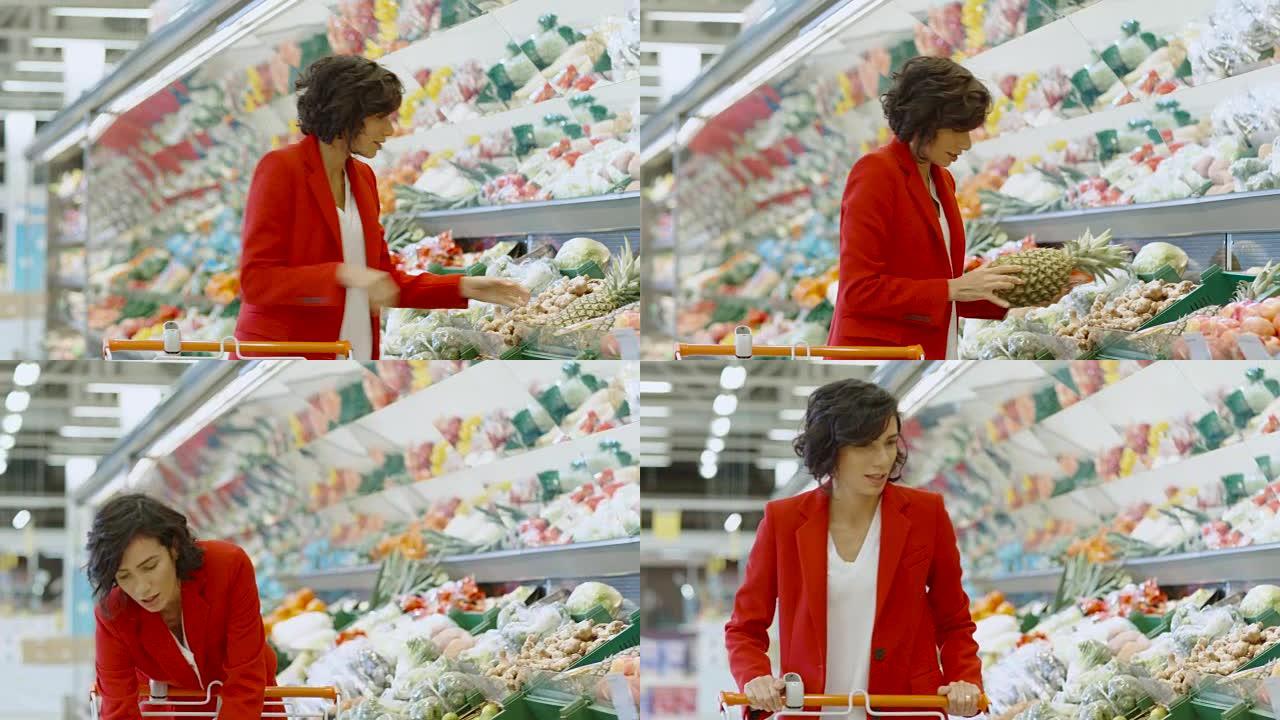 在超市: 美丽的年轻女子走过新鲜农产品区，选择水果并将菠萝放入购物车。顾客在商店购买水果和蔬菜。