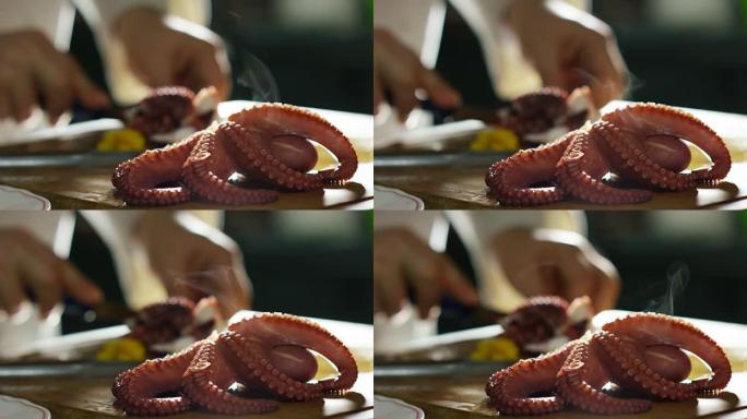 章鱼在用传统的意大利食谱烹饪时在水中轻轻冒泡