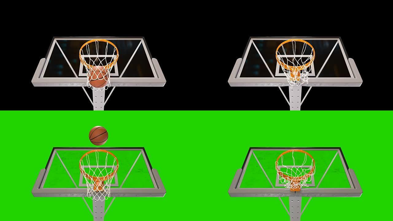 职业投掷篮球圈慢动作视图从球员。美丽的球飞入篮网黑底和绿屏。运动概念。3d动画阿尔法哑光4k UHD