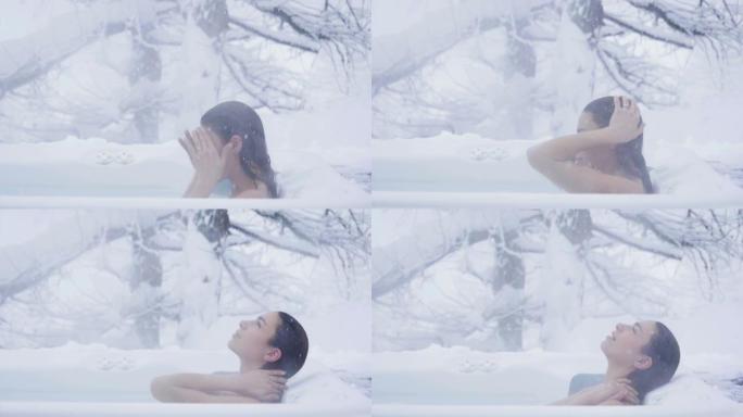 漩涡中一个美丽的女人放松，呼吸清洁的空气，并在大自然中快乐，因为雪从天而降。