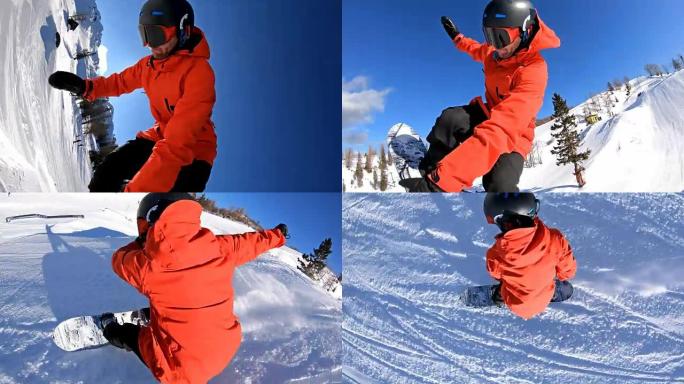滑雪者在雪地公园表演技巧，在空中跳跃和转弯