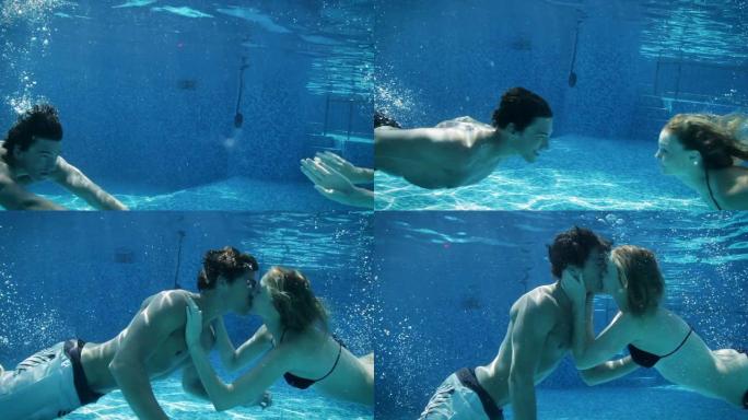 年轻情侣在池水下接吻