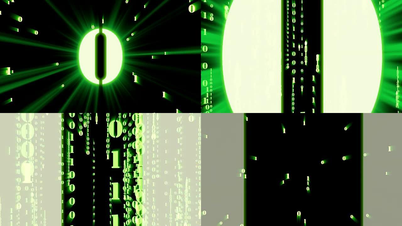 放大数字0和随机绿色粒子二进制数字的4k剪辑在动画背景，分析数据和计算机概念上的矩阵效应下降
