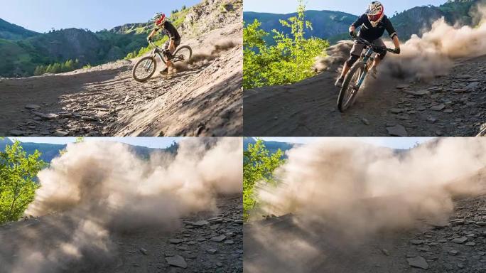 山地自行车手在尘土飞扬的土路上雕刻角落