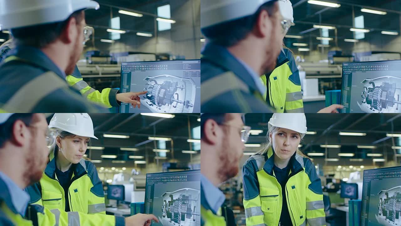 在工厂: 男机械工程师和女总工程师一起在个人计算机上工作，他们讨论了3D发动机模型设计的细节。