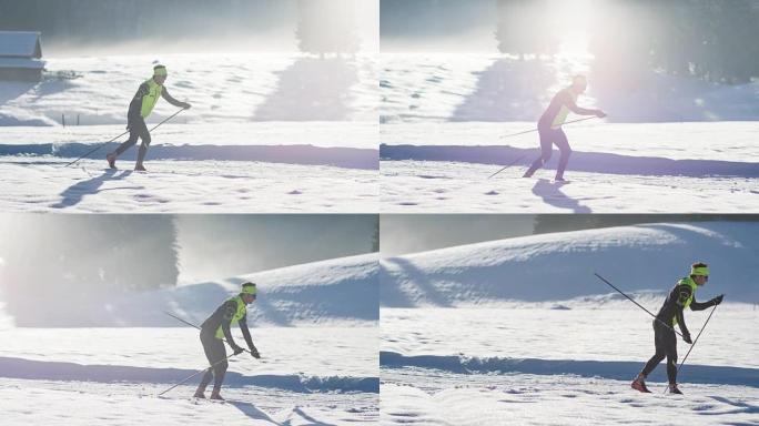 越野滑雪者在冬季景观中的滑雪道上滑行