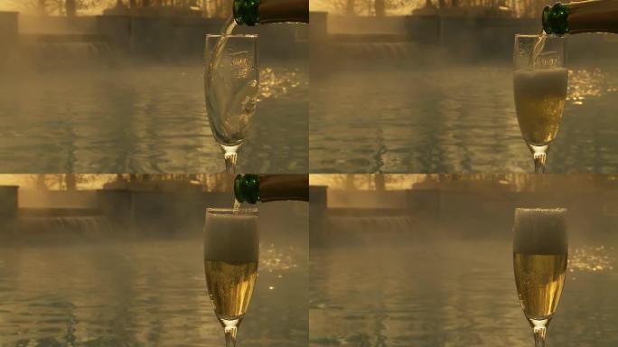 高清慢动作：在泳池边倒香槟