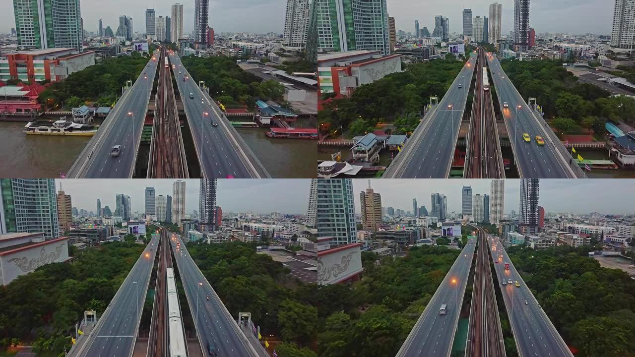 曼谷市对湄南河，BTS天空列车和塔克辛大桥的空中射击