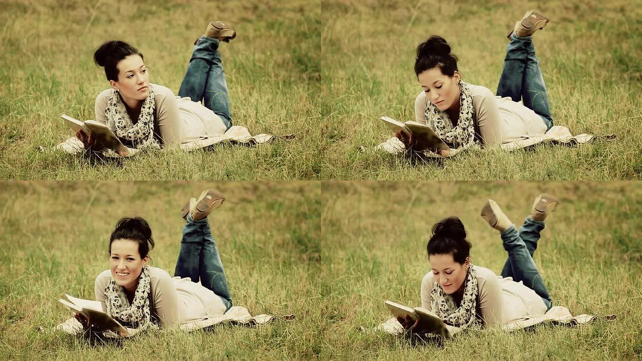 一位年轻的女士在阅读关于自然的文章。