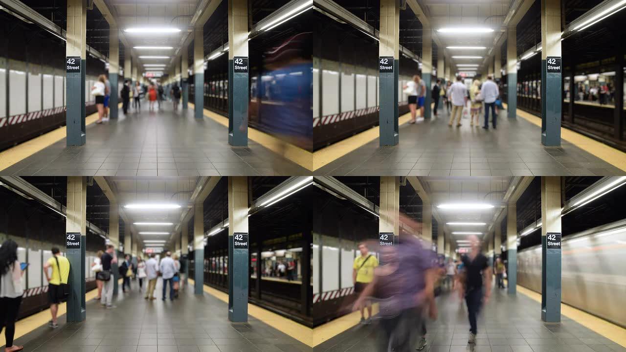 纽约市的延时通道走廊忙碌快节奏站台月台