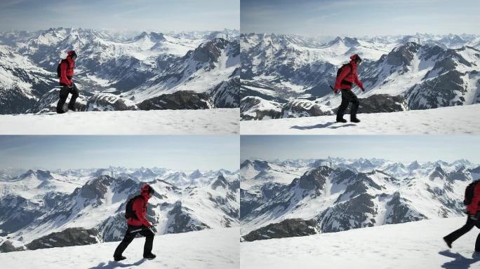 登山者在山上的雪地上行走
