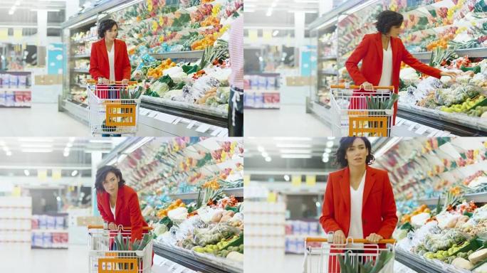 在超市: 美丽的年轻女子走过新鲜农产品区，选择蔬菜并将其放入购物车。顾客在商店购买水果和蔬菜。