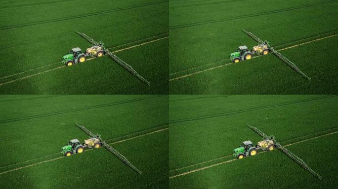 空中: 农业作物喷雾器拖拉机