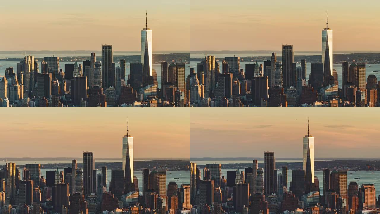 纽约市日落时曼哈顿市中心的T/L HA PAN鸟瞰图