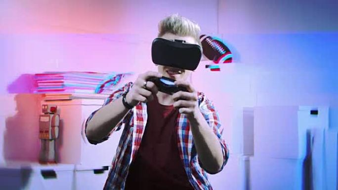 年轻人使用虚拟现实玩游戏控制器