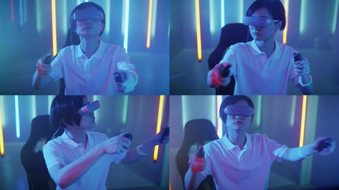 戴着虚拟现实耳机的东亚职业玩家在在线视频游戏中打手势。房间里很酷的复古霓虹灯颜色。